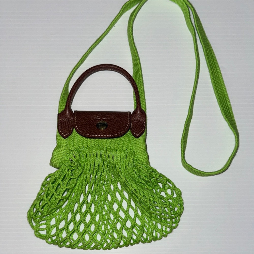 Longchamp Lime Green Mesh Mini Bag with Brown Leather Trim